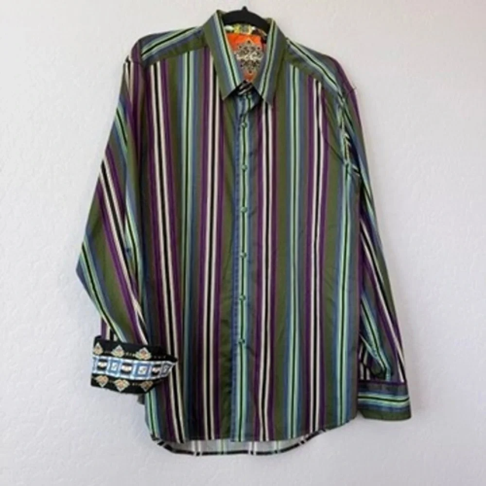 Robert Graham Mens XLarge Long Sleeve Button Up Shirt Green Colorful Stripes - Picture 2 of 11